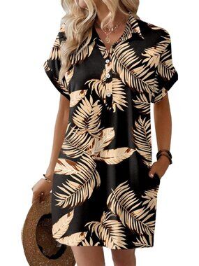 Women's Summer Shirt Dress Short Sleeve Floral Dress with Pocket Black Khaki